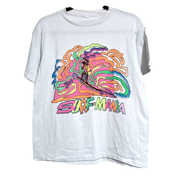 Vintage Neon Surf Mania Shirt Single Stitch Unisex T-Shirt Crew Neck Tee - Picture 4 of 8